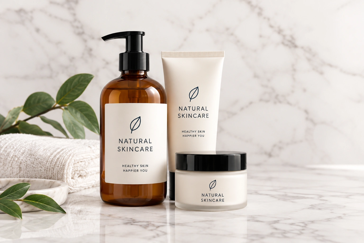 Unbranded beauty and personal care products on white marble in soft natural light.
