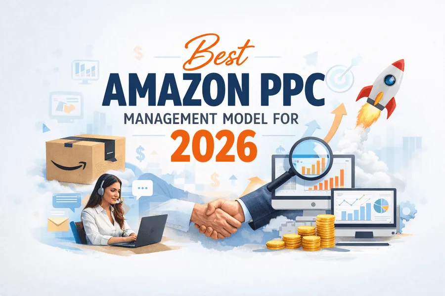 Banner reading Best Amazon PPC Management Model for 2026, with a handshake, an agent at a laptop and rising charts