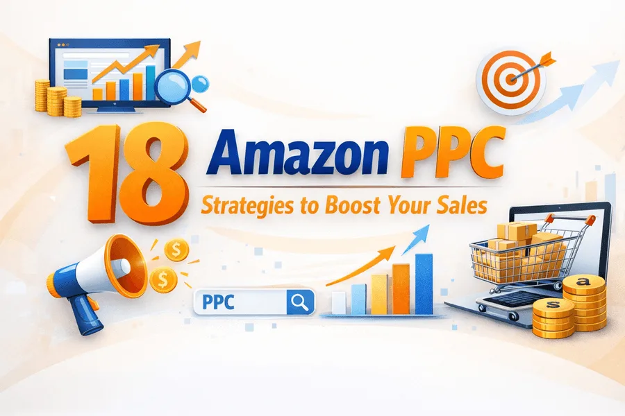 Banner reading 18 Amazon PPC Strategies to Boost Your Sales, with a megaphone, a PPC search box and rising charts