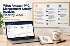 A week of Amazon PPC management laid out as a checklist, with search term review, bid changes and reporting marked off