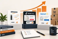 Banner reading ROAS Benchmarks for Amazon PPC, TikTok Shop and Walmart Connect for 2026, with a rising ROAS chart
