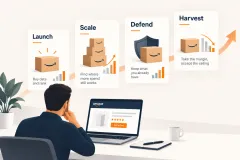 Four Amazon PPC strategies laid out by product stage: launching, scaling, defending and harvesting, each with its own target
