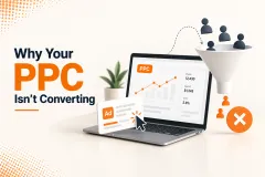 Banner reading Why Your PPC Is Not Converting, with scales tipped by a dollar sign and a red cross over falling bars