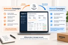 An automatic Amazon campaign feeding search terms into a manual exact match campaign, with negatives closing the loop