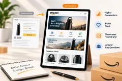 An A+ content module set beside a plain product description, with the comparison chart and brand story blocks marked