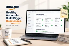An Amazon account health dashboard with order defect rate, late shipment rate and policy violations picked out