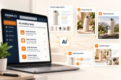 A laptop showing a generated product video beside a studio-shot product photograph and a printed brand colour sheet