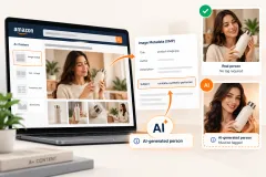A laptop open on an image metadata editor beside a printed A+ content layout with a lifestyle photograph of a product in use