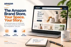 An Amazon Brand Store laid out as pages: a landing page, category pages beneath it, and a product grid on each one