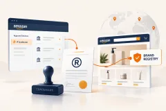A product with its brand name printed on the packaging, beside a laptop showing a trademark application marked pending