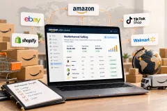 One orders screen listing Amazon, Walmart, eBay, TikTok and Shopify orders together, beside a whiteboard with three options