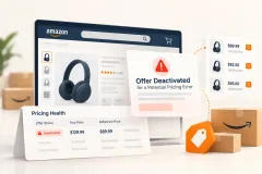 A seller's screen showing a deactivated offer beside its reference price, with a calculator and the product on the desk
