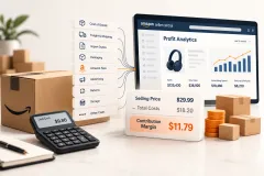 A monitor showing a per-product profit table beside a printed cost sheet with freight and duty lines, on a tidy desk