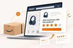 A phone showing an Amazon product page with a star rating prompt, beside a laptop open on an ad campaign screen
