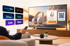 A living room television showing a product advert, with a phone on the sofa open on the same product page