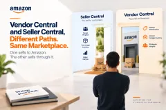 Two routes to one Amazon listing side by side: selling to Amazon as a supplier, and selling through it as a merchant