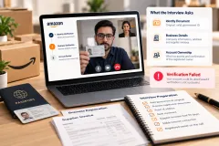 A seller on a video call holding a passport to the camera, with supplier invoices and a company certificate beside the laptop