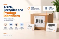 A product carton with its barcode beside an Amazon listing showing the ASIN it was matched to