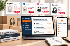 A phone showing a social ad that copies a brand's product photo, beside the genuine boxed product on a desk