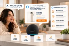A printed brand guidelines binder open on a desk beside a smart speaker and a phone showing a shopping conversation