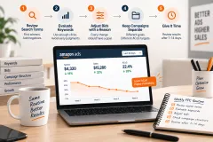 A weekly Amazon PPC optimization review on screen, showing search term data grouped by spend and conversions