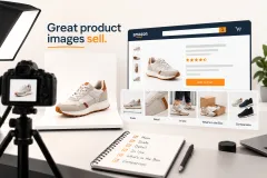 One product photographed six ways for a listing, with the main image, the scale shot, the detail and the in-use frame marked