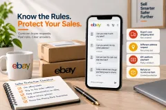 A message screen on a phone beside a parcel with a printed eBay label, one hand holding a second label from another carrier