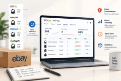 One stock pool feeding four marketplace listings, with a cancelled eBay order where one unit sold twice