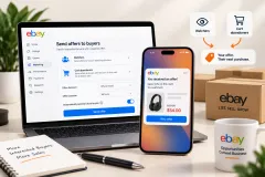 A phone showing a discounted offer notification on a watched item, beside a laptop with a seller's active listings