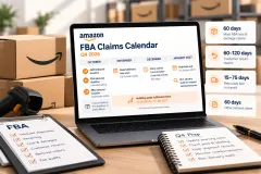 A wall calendar for October to January with shipment and claim dates marked, beside a laptop showing an FBA inventory ledger
