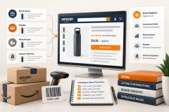 A single product page drawn as a card with several hands adding tags to it, a brand owner's stamp holding the title in place