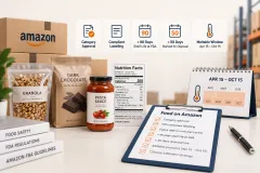 Sealed jars and pouches of packaged food on a bench beside a date stamp, a thermometer and a carton for a cool warehouse