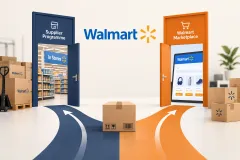 Two doors side by side in a retail corridor, a pallet beside the suppliers' door and a parcel beside the marketplace door