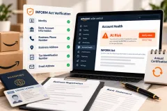 A laptop showing an Amazon account health page with a yellow at risk banner, beside a folder of identity and bank documents