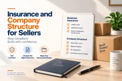 A desk with a certificate of insurance, a company registration and an Amazon account page beside each other
