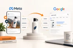 Two funnels side by side, one beginning with a search and one with a scroll, meeting at the same product page