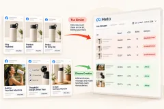 Six product ads pinned to a board, a demo, a review, a gift scene and a price card, two of them near-identical
