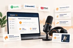 A studio microphone and headphones on a desk beside a laptop showing an audio campaign's delivery report by country