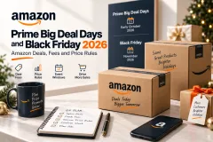 A deal badge on a product tile beside a fee statement and a price history line, on a light desk with an October calendar