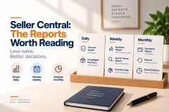 A Seller Central menu with the handful of reports that matter marked and the rest greyed back