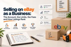 An eBay Seller Hub overview with a business account, its monthly selling limit and its fee summary shown side by side
