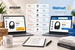 The same product listed on both marketplaces side by side, with buy box, fees, competition and traffic marked as differences