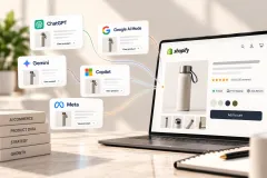 A laptop showing a Shopify product in an AI chat answer, beside the same product's admin page with its fields filled in