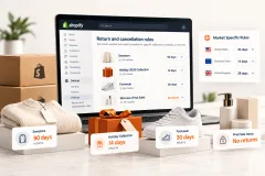 A packing table with a returns label beside two boxed products, one tagged final sale, and a laptop open to settings