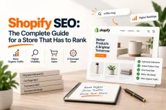 A Shopify store's collection page beside its search result, with the title, the description and the structured data marked
