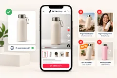 A phone showing a TikTok Shop product page beside a photographed product and a tablet with an AI image editor open