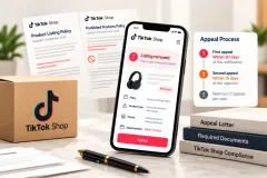 A laptop showing a TikTok Shop violation record with an appeal button, beside a folder of invoices and a business licence