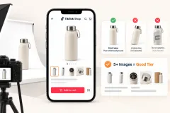 A product photographed front on against a pure white sweep, beside a phone showing the same image as a TikTok Shop listing