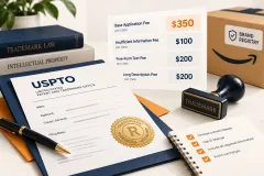 A founder at a desk filling in a trademark application on a laptop, with product packaging and a printed brand logo beside it