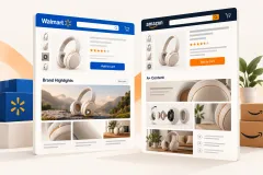 A laptop open on a product page with a wide brand banner and a short video panel beneath the product photographs